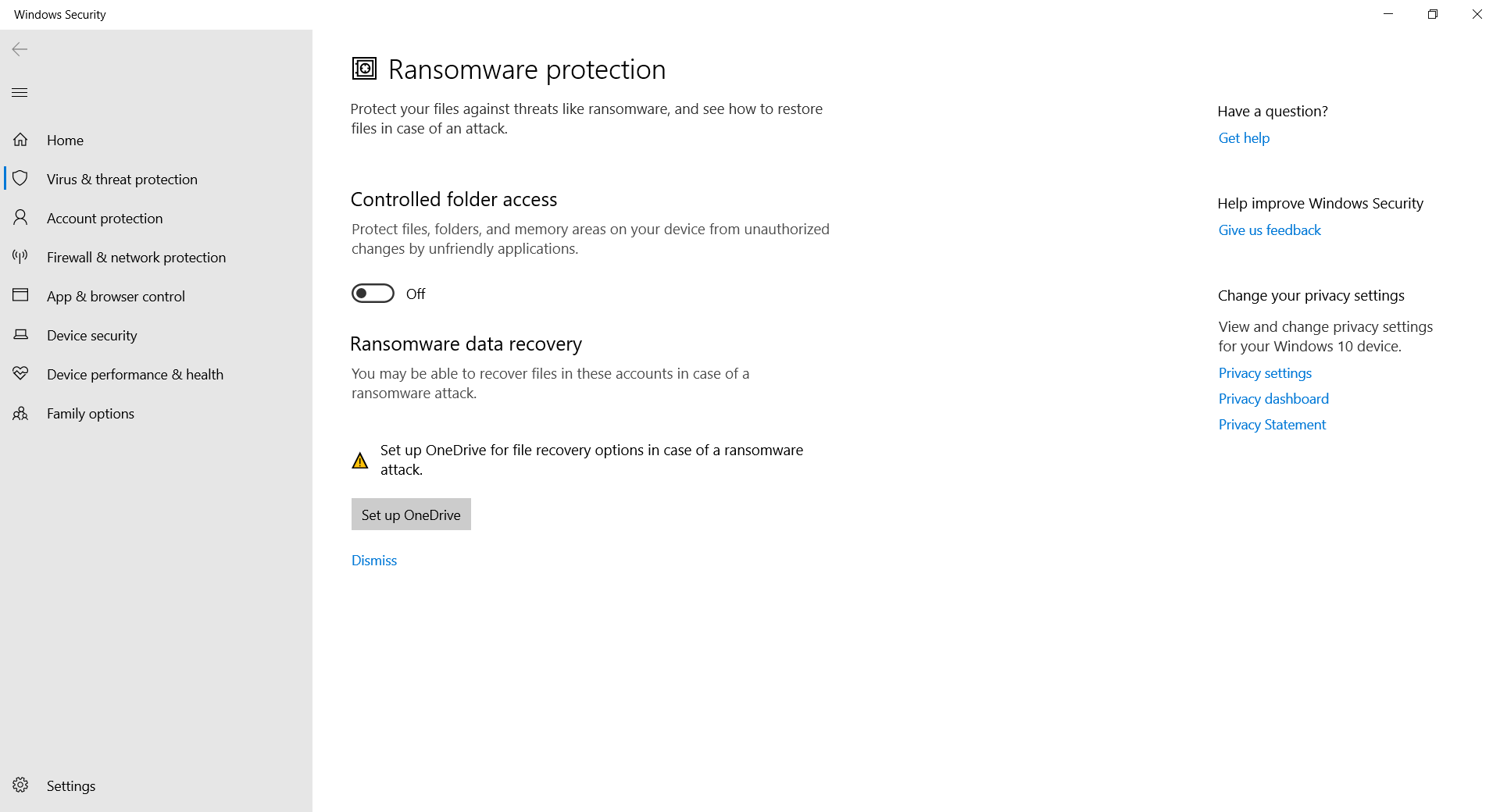 Ransomware Protection menu