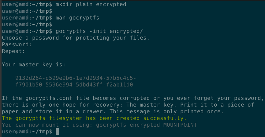 Terminal with gocryptfs password creation prompt and creation successful message