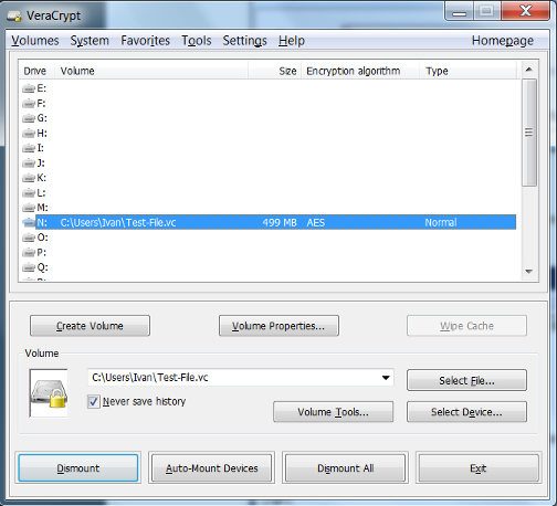 VeraCrypt volume selection screen with the N drive showing the newly-created volume