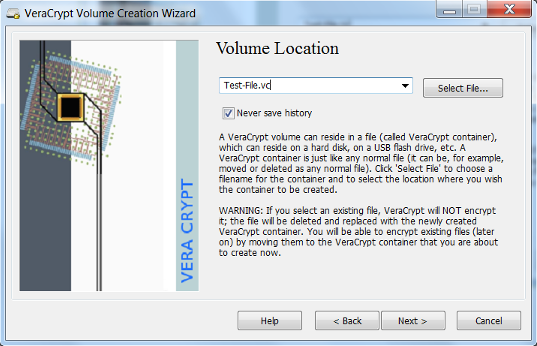 Creation Wizard Volume Location screen
